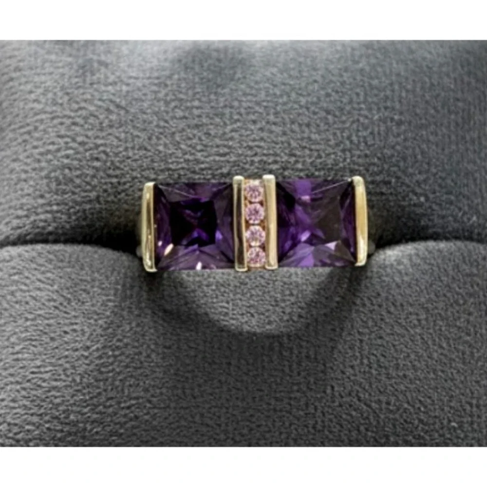 MEDA 14K GOLD PLATED Sterling Silver Bar Ring SQUARE LAB CREATED AMETHYST sz 8